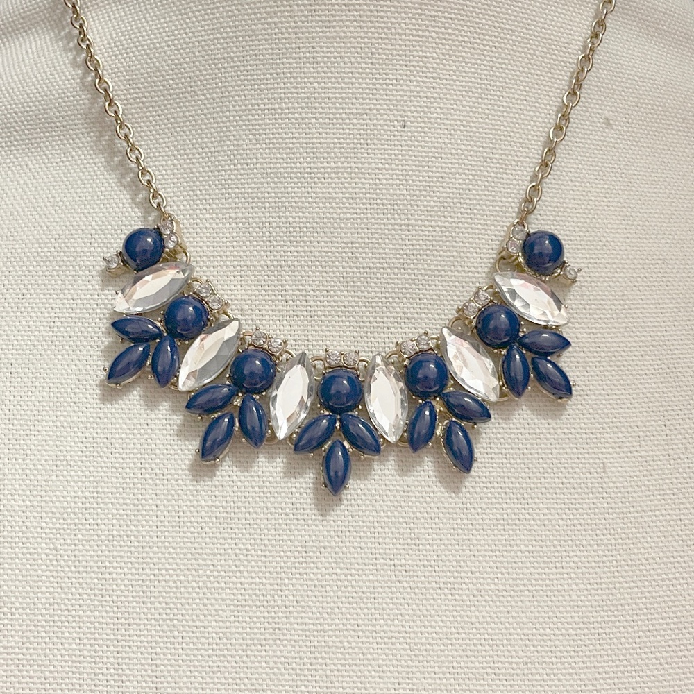 Vintage Statement Necklace Navy Blue and Clear Beads on Silver Tone Chain